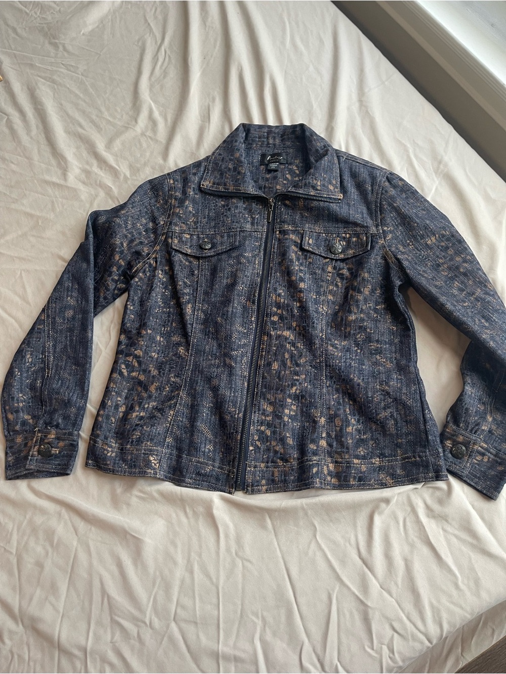 Analog Blue Denim Zip-Front Jacket with Faded Tan Splatter